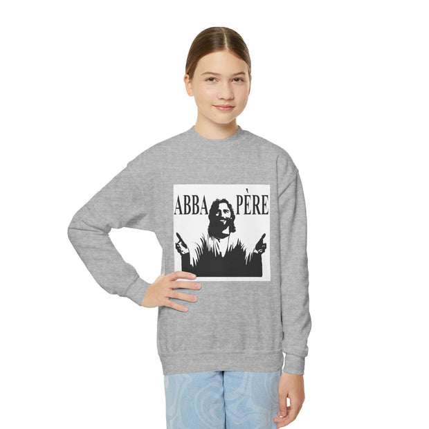 Back to school,Youth Crewneck Sweatshirt with 'ABBA PÈRE' and GOD Design
