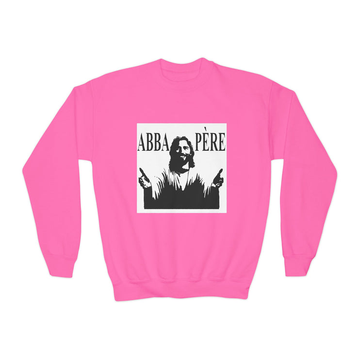 Back to school,Youth Crewneck Sweatshirt with 'ABBA PÈRE' and GOD Design